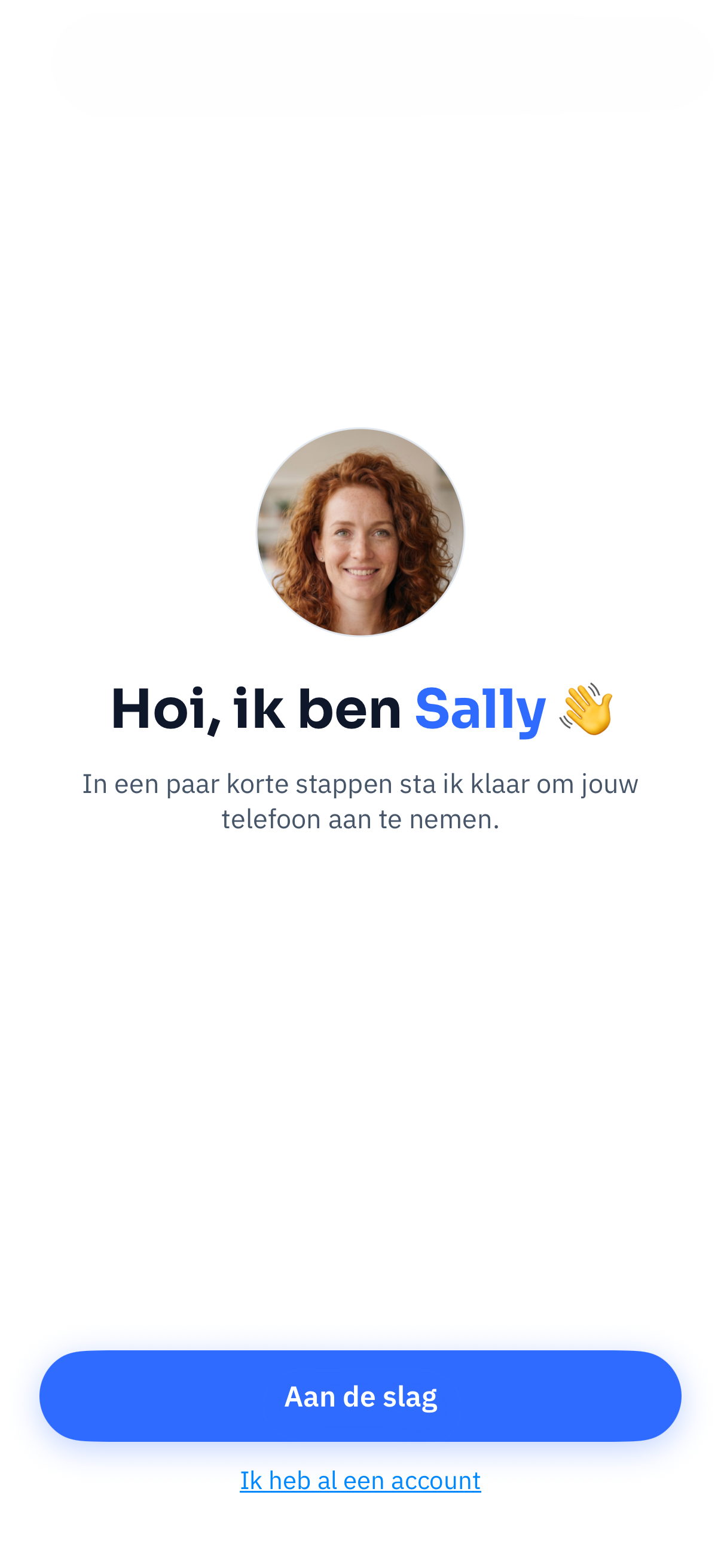 Welkomstscherm van de Hello Sally app met “Hoi, ik ben Sally”