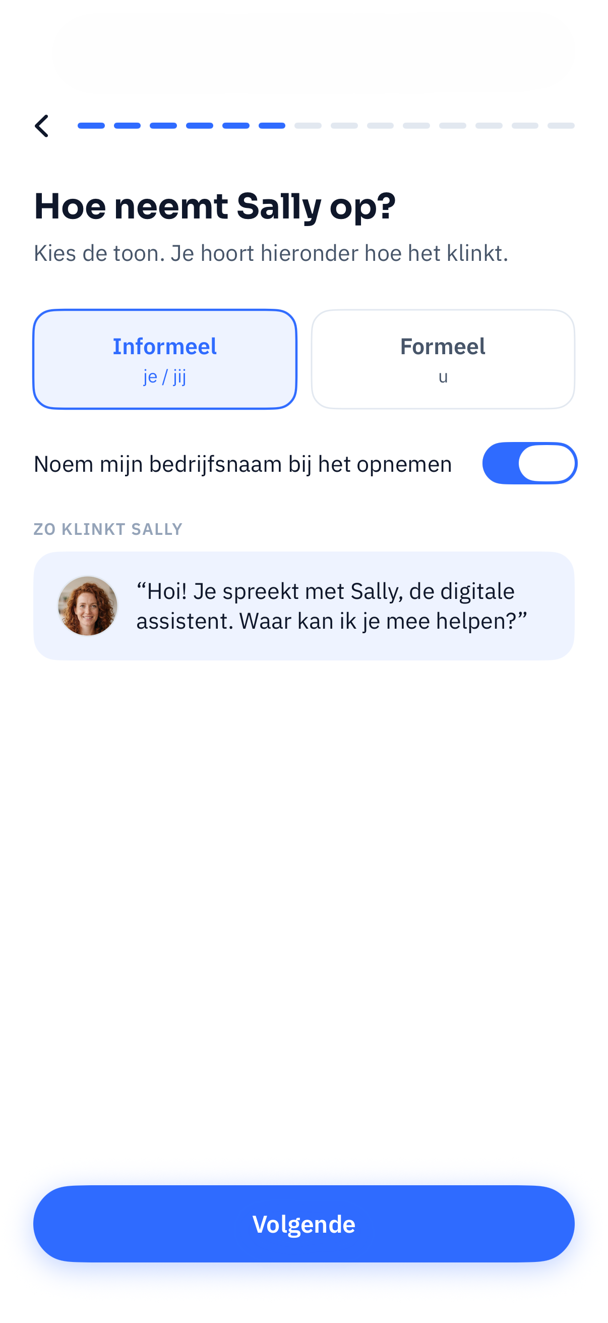 Scherm waarin je de toon van Sally kiest
