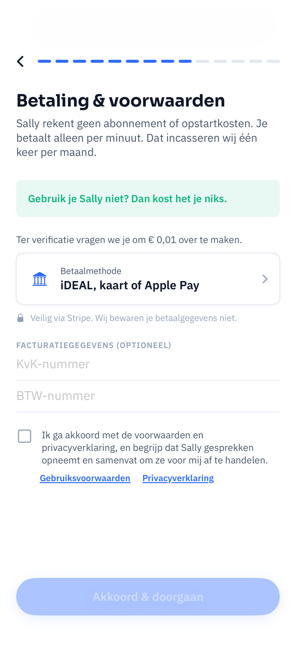 Scherm voor betaling en voorwaarden