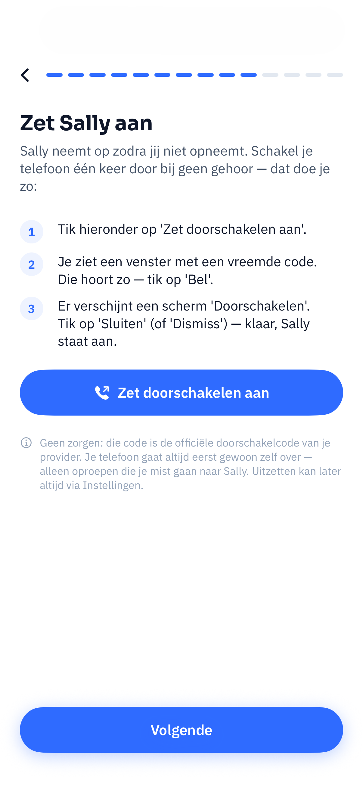 Scherm met de doorschakelcode