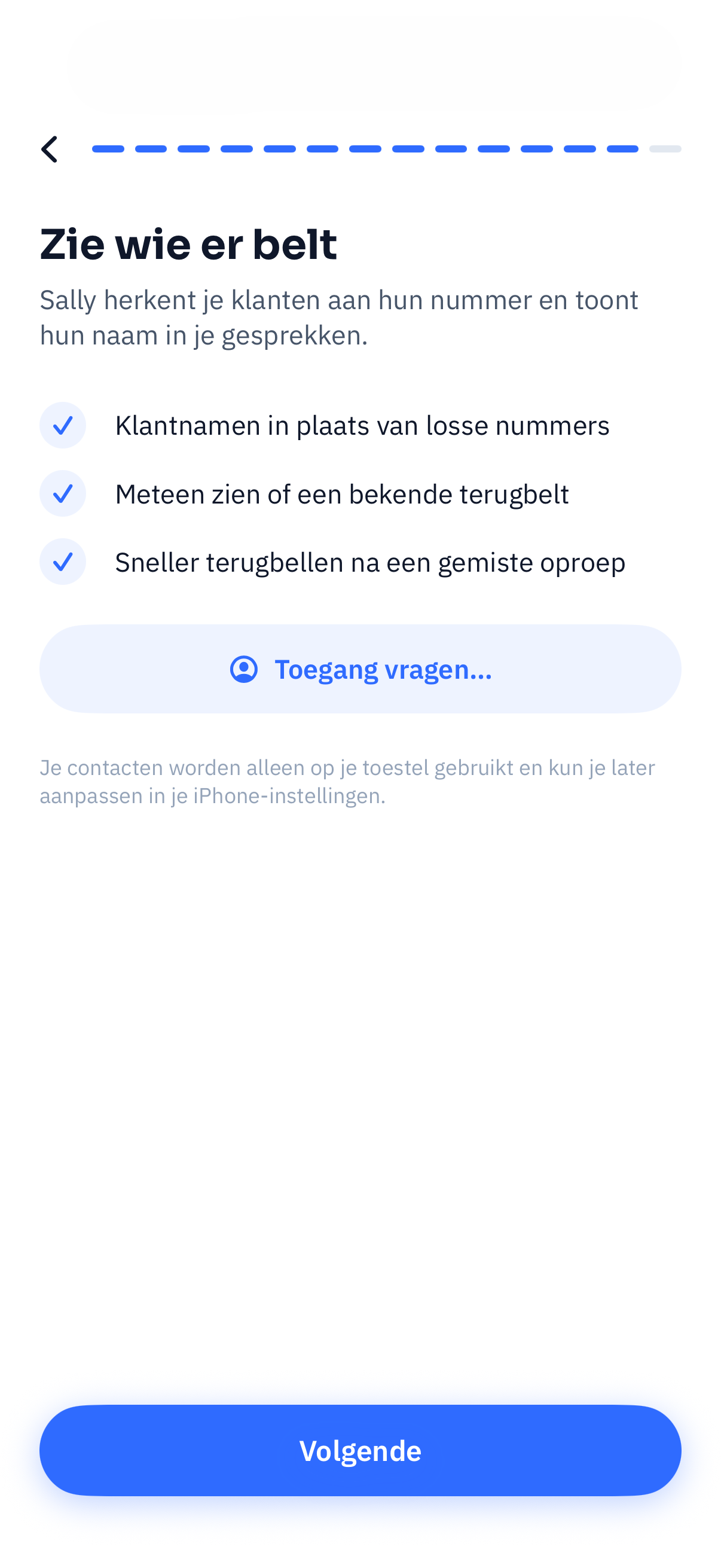 Scherm waarin je Sally toegang geeft tot je contacten