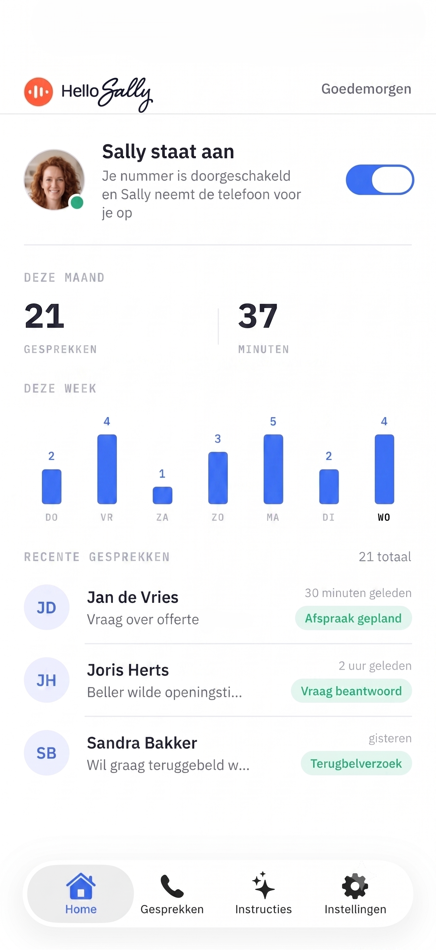 De AAN/UIT-schakelaar in de Hello Sally app