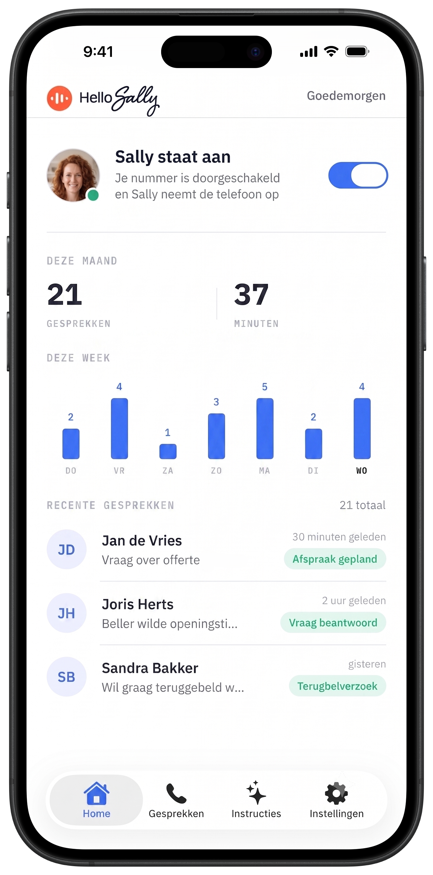 Sally-app met de aan/uit-knop bovenaan