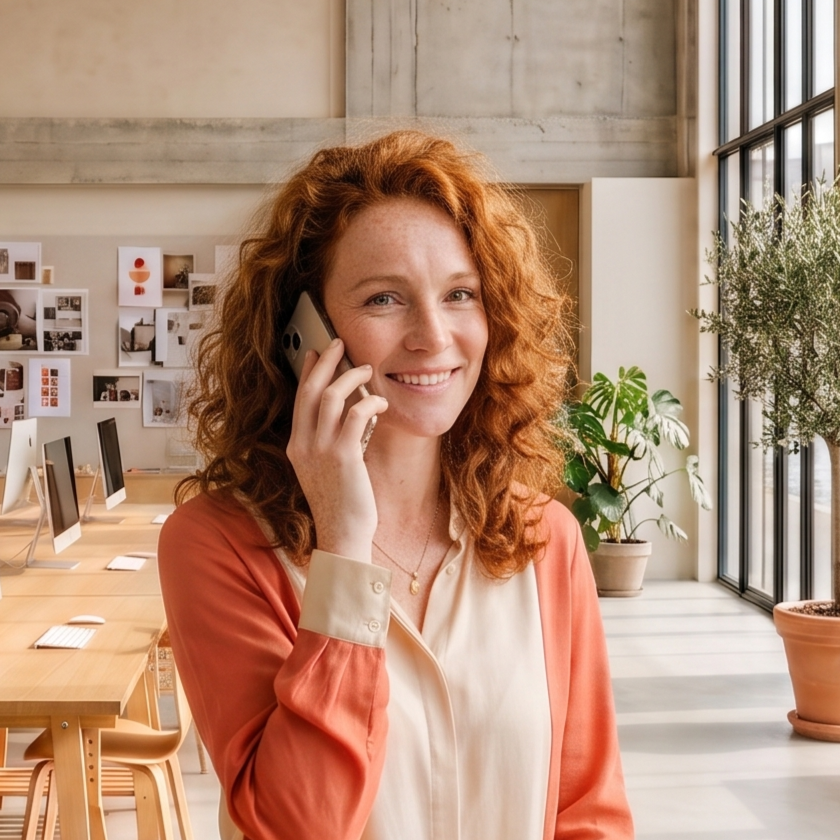 Sally aan haar bureau in haar studio, geconcentreerd aan het werk